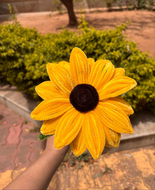 Yellow sunflower held by a hand with a blurred outdoor background